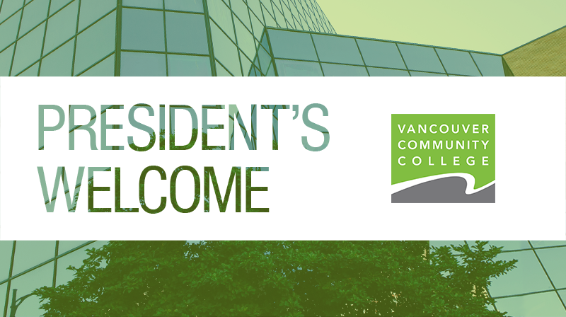 VCC Downtown campus Dunsmuir building with logo and text overlay: President