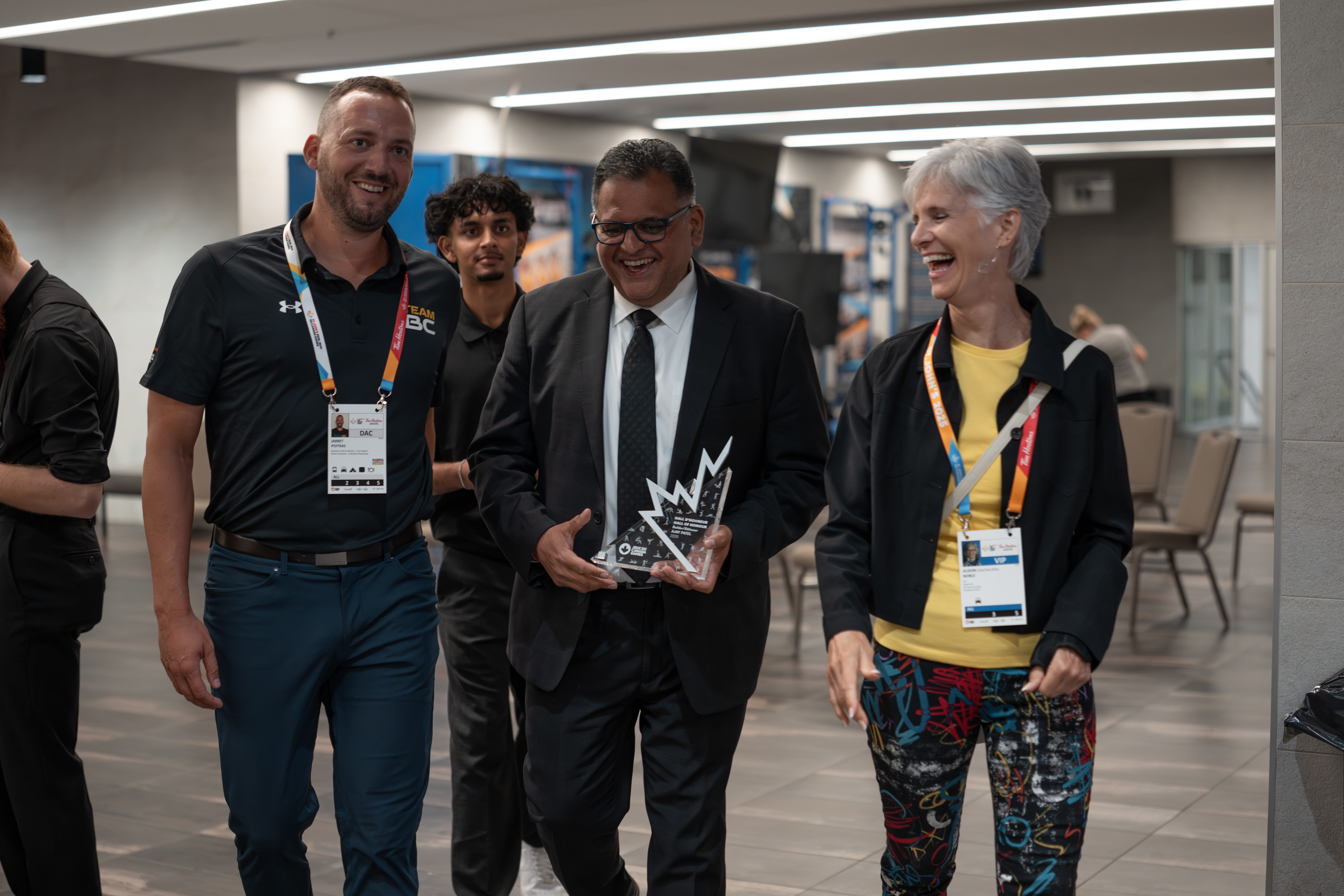 From left: Jarrett Poitras, Senior Manager, Team BC, BC Games Society; Ajay Patel; Alison Noble President and CEO, BC Games Society