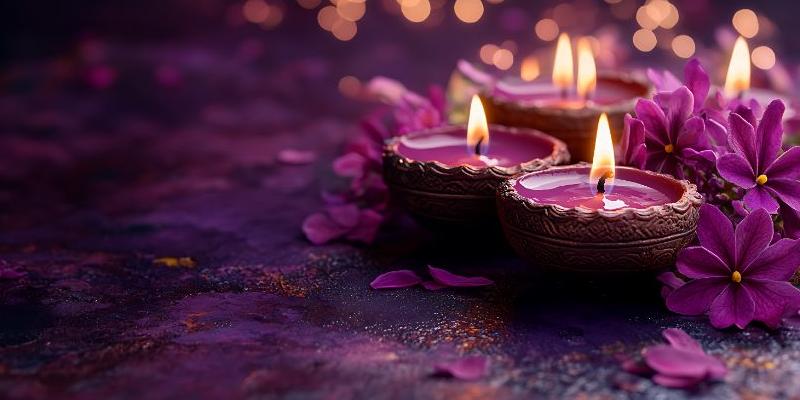 Four lit candles in ornate holders surrounded by purple flowers and petals, set against a dark textured background with warm lights.
