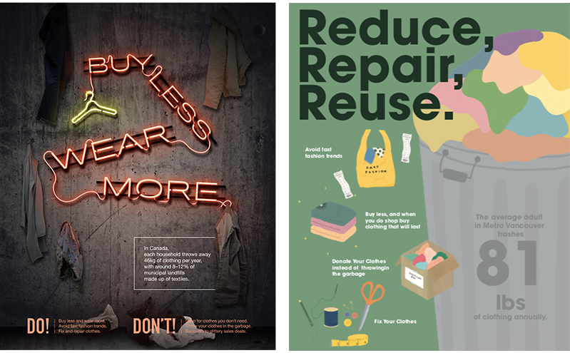 Two poster images: Buy Less Wear More and Reduce, Repair, Reuse.