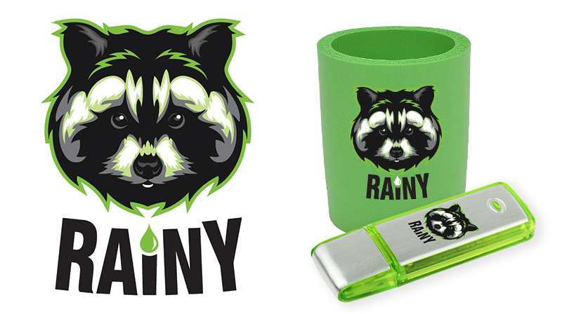 Rainy the Raccoon logo coozie and usb drive