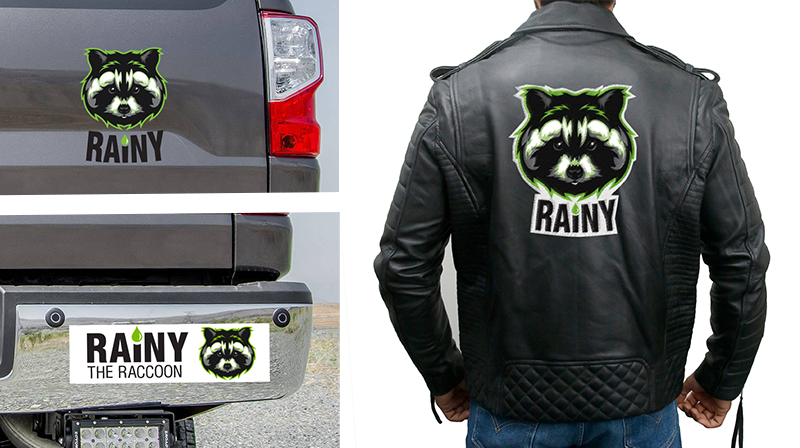 Rainy Raccoon bumper stickers and jacket patch