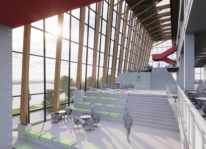 Rendering view of the building interior showing floor to ceiling windows, with green and gray stairs and sitting areas, and red staircase on the far end.