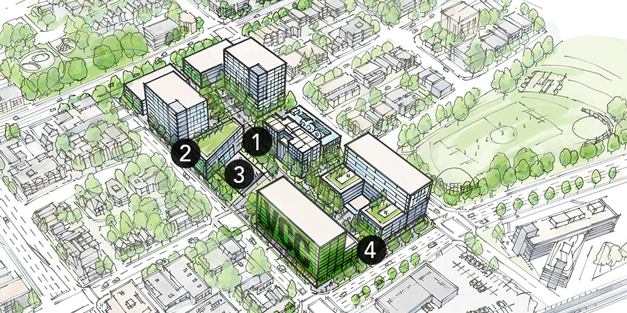 A sketch of the four new buildings location on Broadway campus