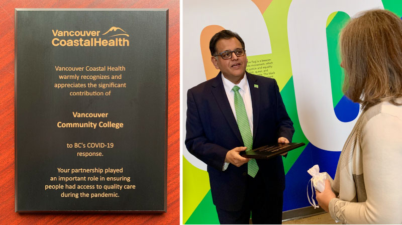 collage of VCH plaque and president talking with VCH
